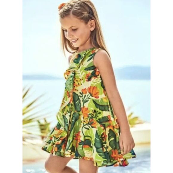 MAYORAL Jungle Animals Tropical Green Ruffle Dress Kids Toddler Girls 4T - Picture 1 of 6